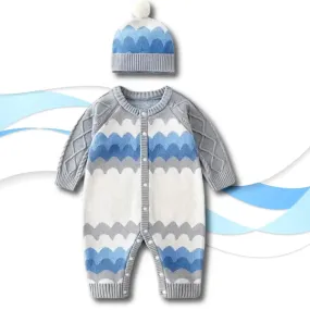 🌊 Sky Waves Knit Romper & Pom-Pom Hat Set (3-24M)