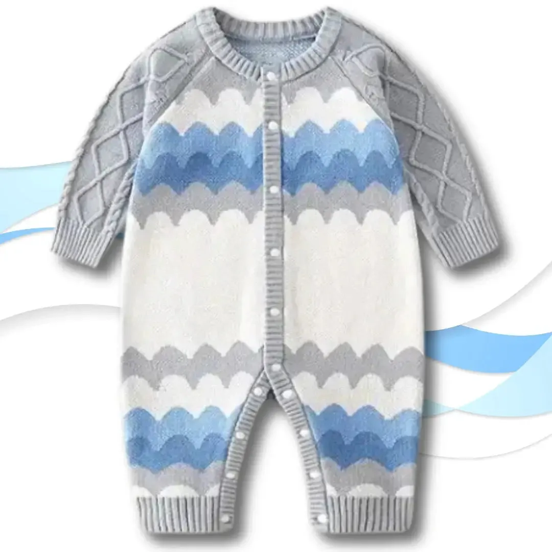 🌊 Sky Waves Knit Romper & Pom-Pom Hat Set (3-24M)