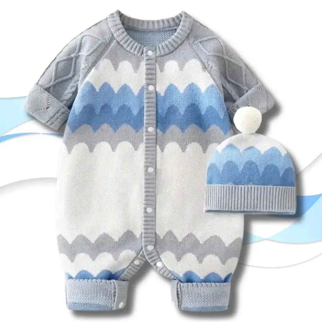 🌊 Sky Waves Knit Romper & Pom-Pom Hat Set (3-24M)