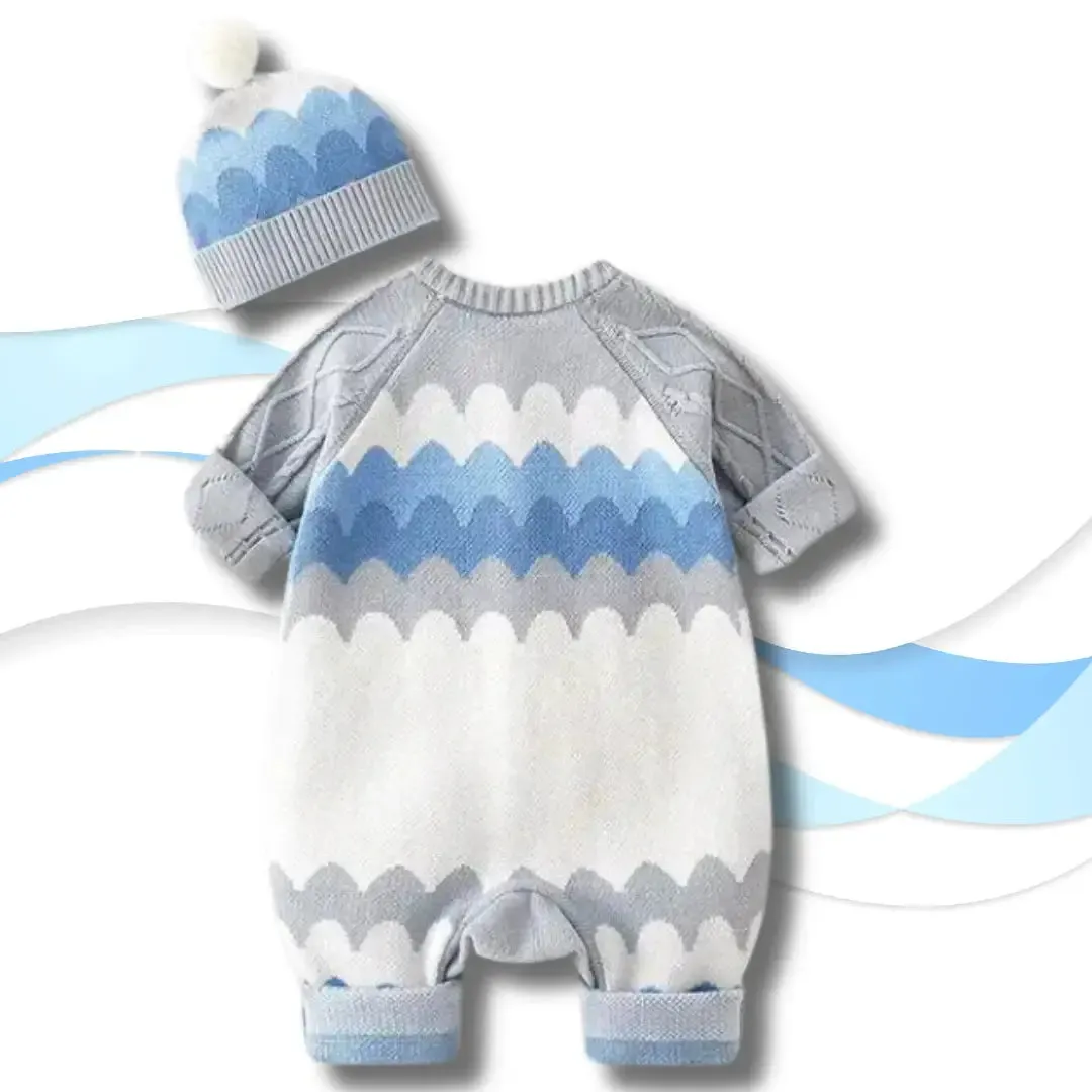 🌊 Sky Waves Knit Romper & Pom-Pom Hat Set (3-24M)