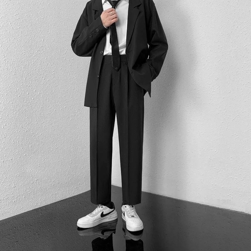 2023 Summer Large Size Men's Baggy Pants Straight Leg Solid Color Casual Suit Ankle-Length Trousers Korean Clothing