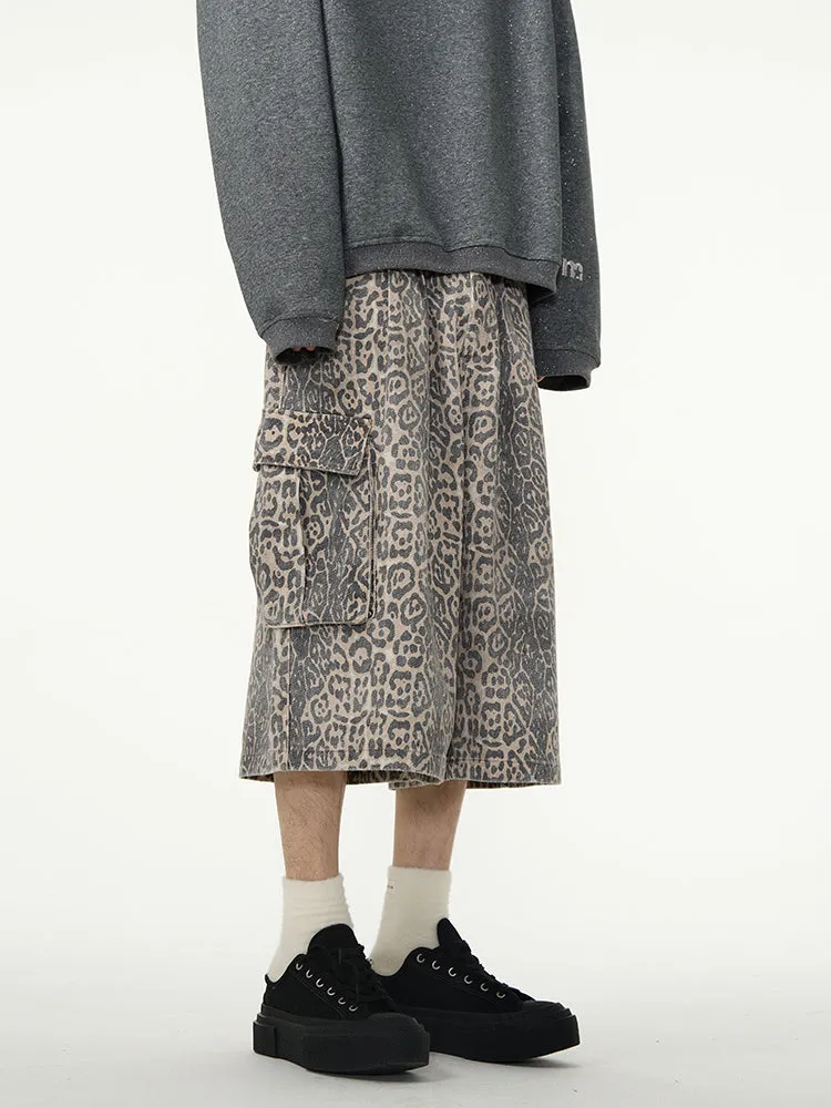 【24s April.】American Wide-leg Leopard Print Denim Shorts