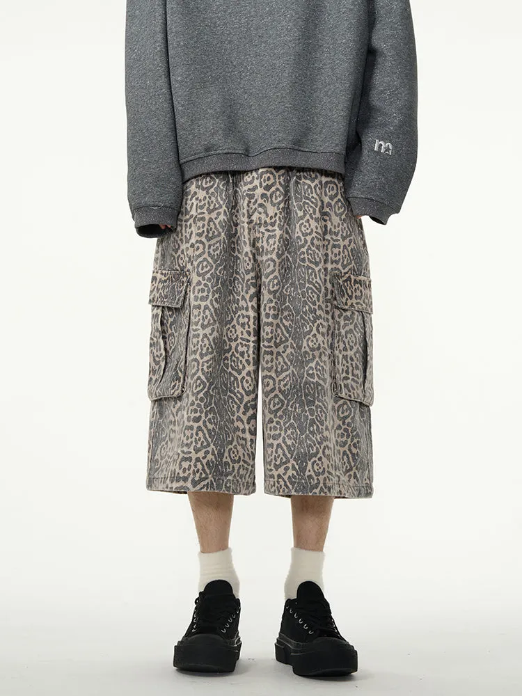 【24s April.】American Wide-leg Leopard Print Denim Shorts