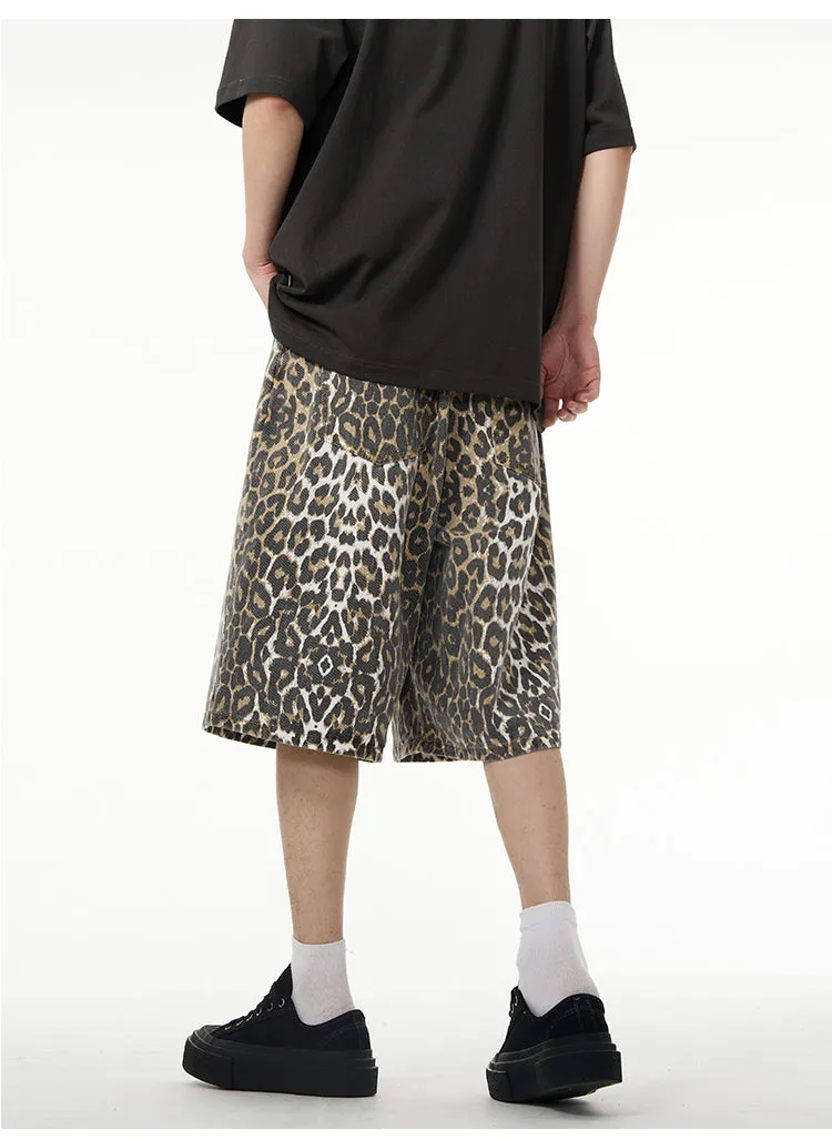 【24s April.】American Wide-leg Leopard Print Denim Shorts