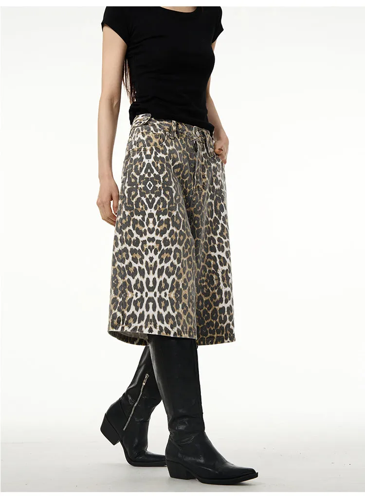 【24s April.】American Wide-leg Leopard Print Denim Shorts