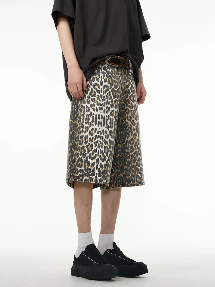 【24s April.】American Wide-leg Leopard Print Denim Shorts