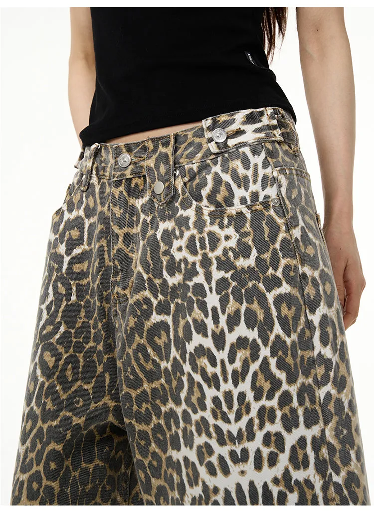 【24s April.】American Wide-leg Leopard Print Denim Shorts