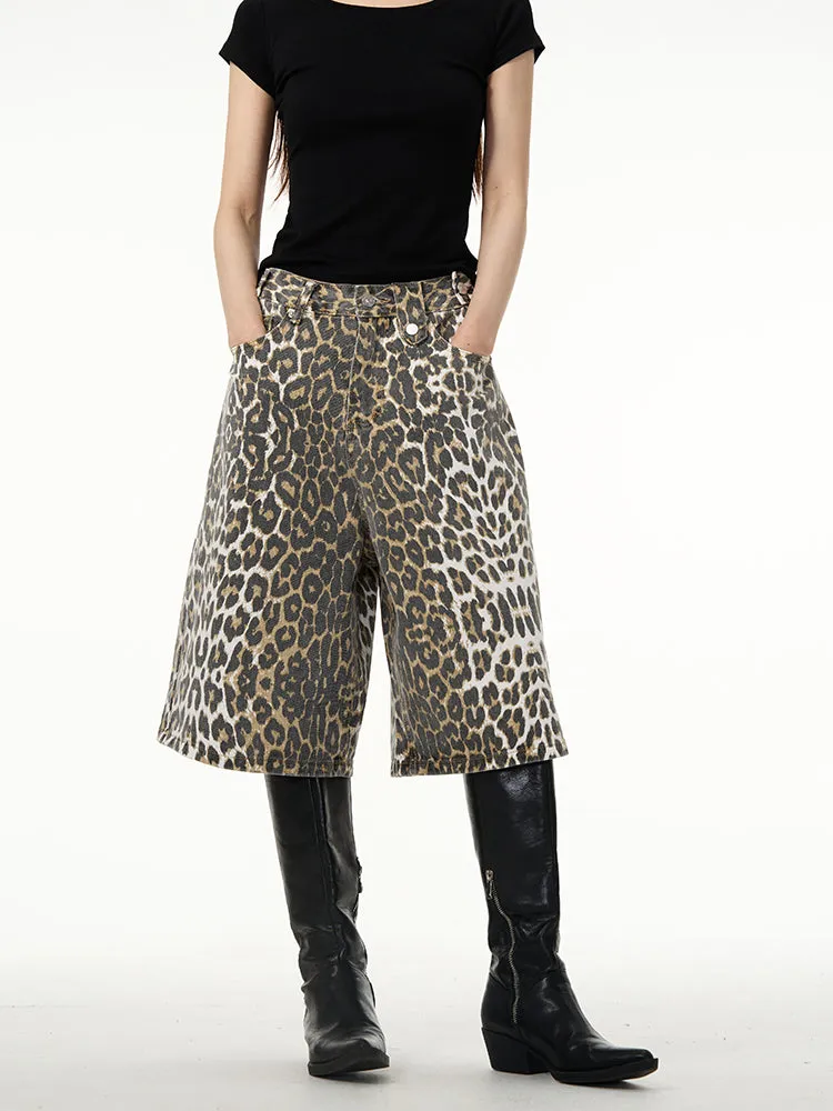 【24s April.】American Wide-leg Leopard Print Denim Shorts