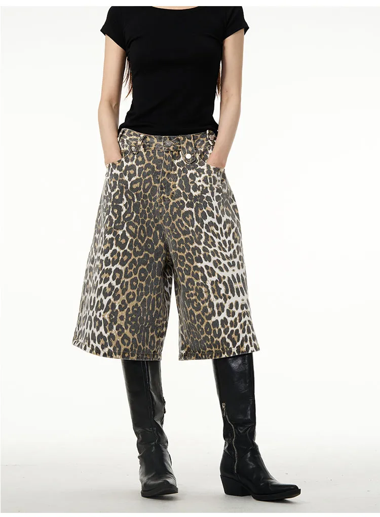 【24s April.】American Wide-leg Leopard Print Denim Shorts