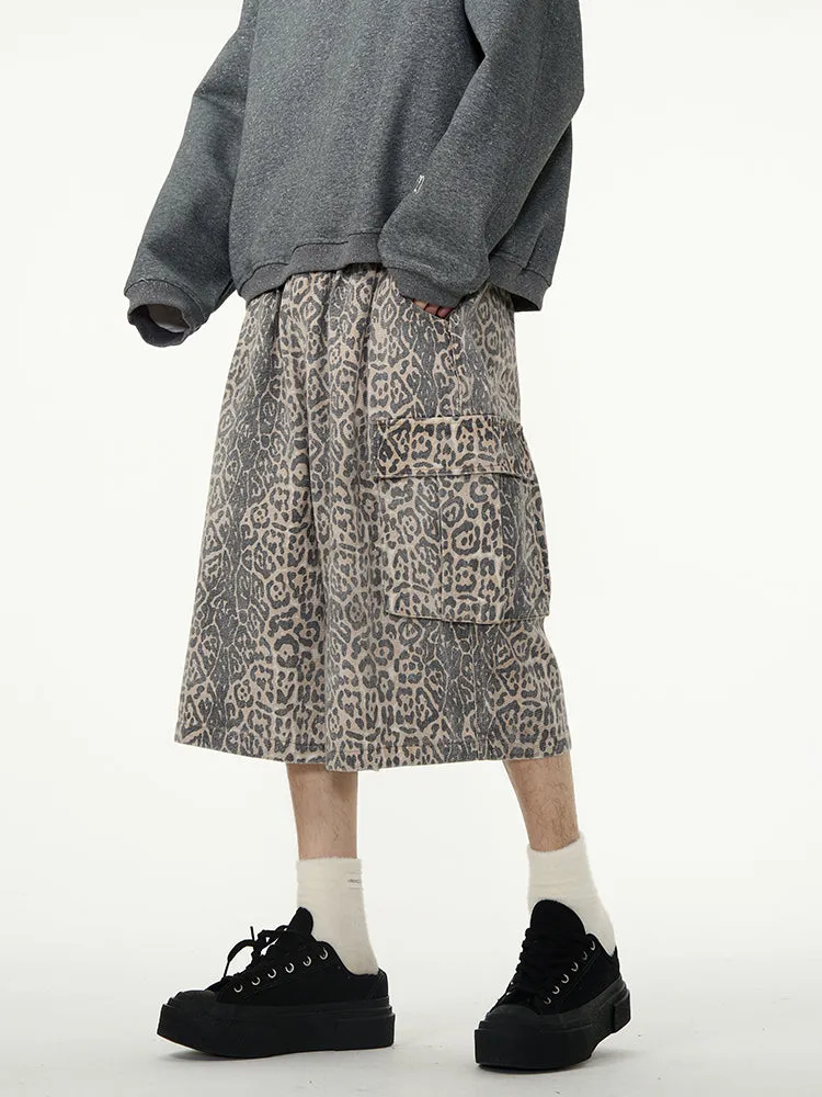 【24s April.】American Wide-leg Leopard Print Denim Shorts