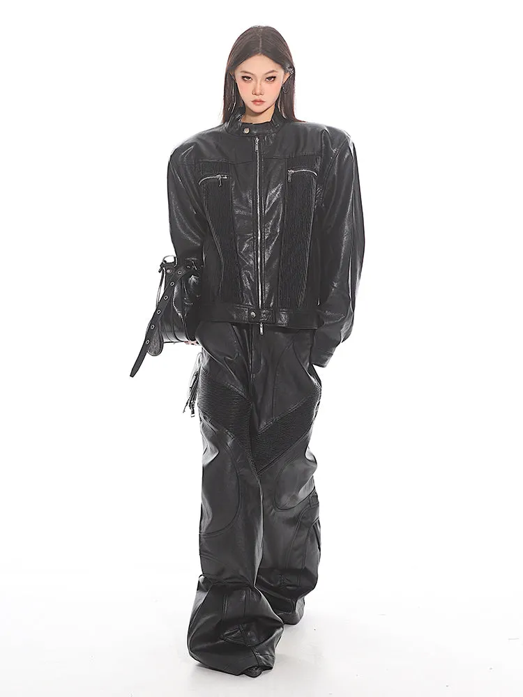 【24s Sep.】High-end Silhouette Stitching Leather Pants