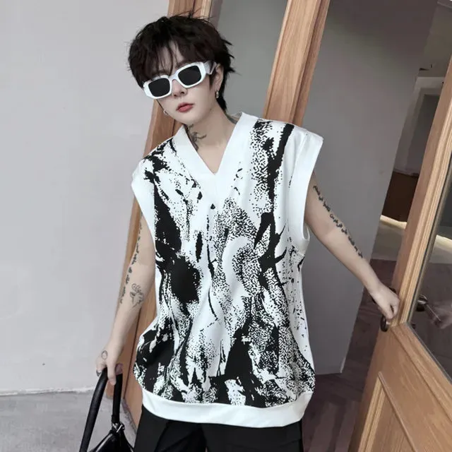 Abstract Pattern V-neck Loose Tank Top