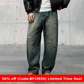 Amozae 1980s fashion trends Autumn and Winter American Retro High-End Washed High-End Fabric Denim Ripped Loose Straight Curved Pants