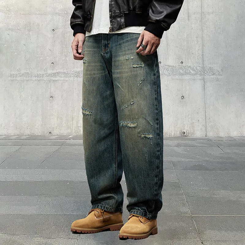 Amozae 1980s fashion trends Autumn and Winter American Retro High-End Washed High-End Fabric Denim Ripped Loose Straight Curved Pants