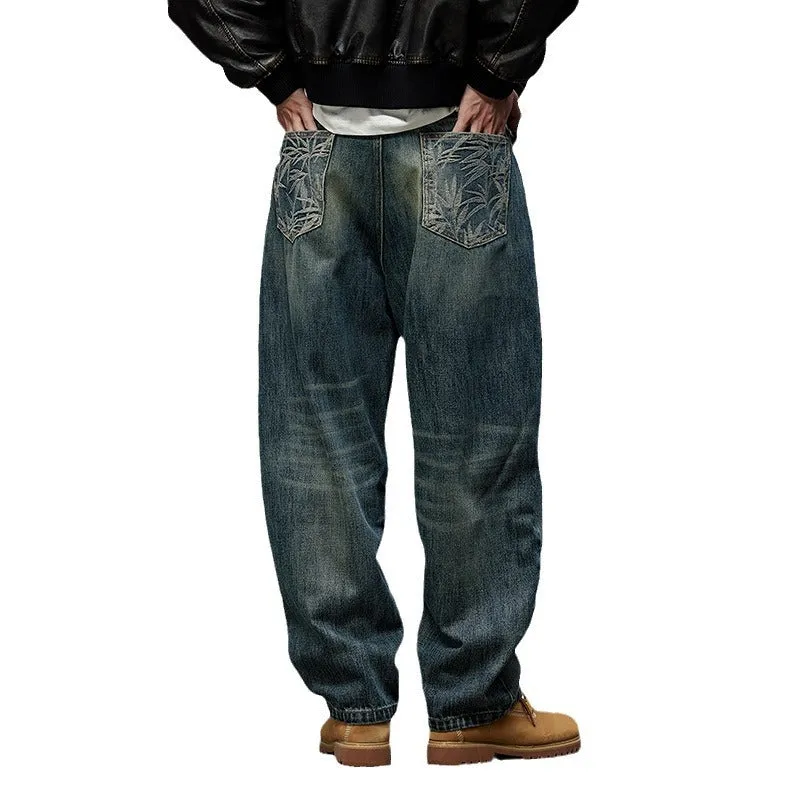 Amozae 1980s fashion trends Autumn and Winter American Retro High-End Washed High-End Fabric Denim Ripped Loose Straight Curved Pants