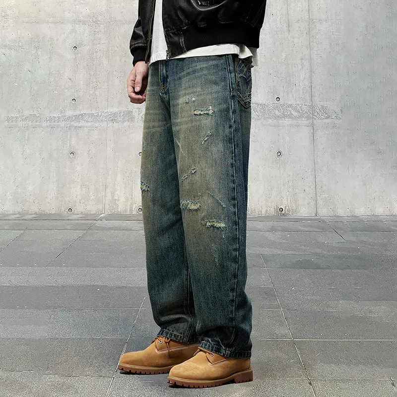 Amozae 1980s fashion trends Autumn and Winter American Retro High-End Washed High-End Fabric Denim Ripped Loose Straight Curved Pants