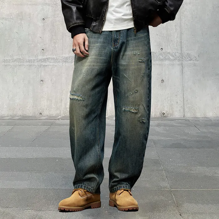 Amozae 1980s fashion trends Autumn and Winter American Retro High-End Washed High-End Fabric Denim Ripped Loose Straight Curved Pants