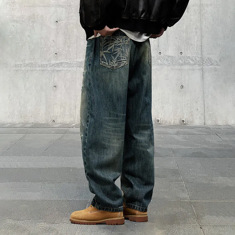 Amozae 1980s fashion trends Autumn and Winter American Retro High-End Washed High-End Fabric Denim Ripped Loose Straight Curved Pants