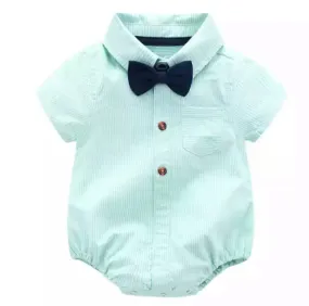 Baby Boy Shirt Romper   Bow tie - Mint Pinstripe