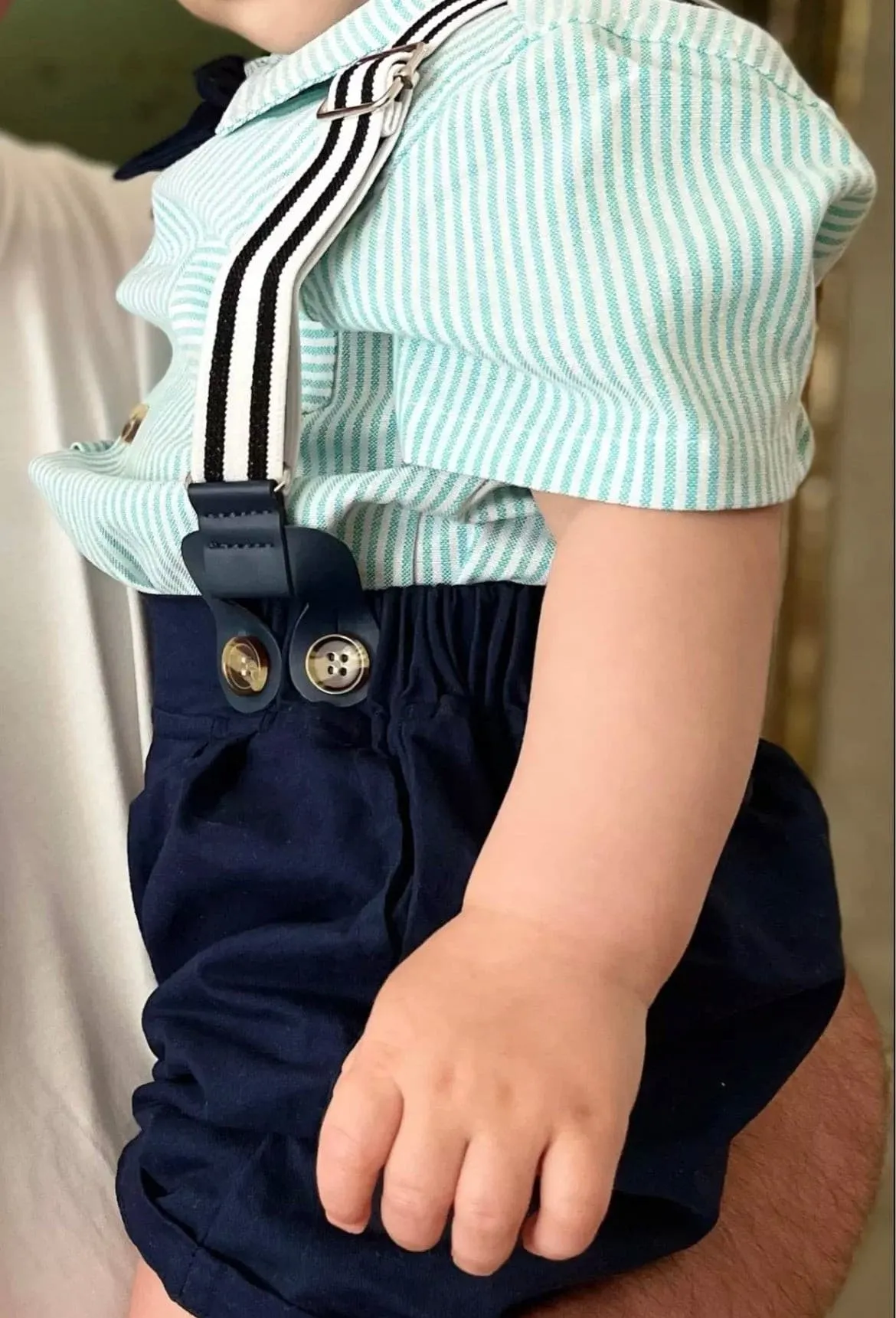 Baby Boy Shirt Romper   Bow tie - Mint Pinstripe