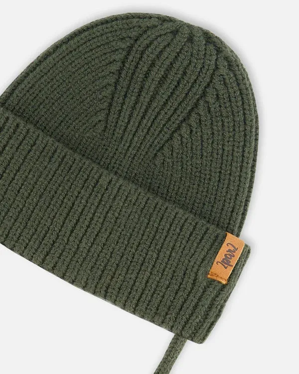 Baby Knit Hat With Strings- Forest Green