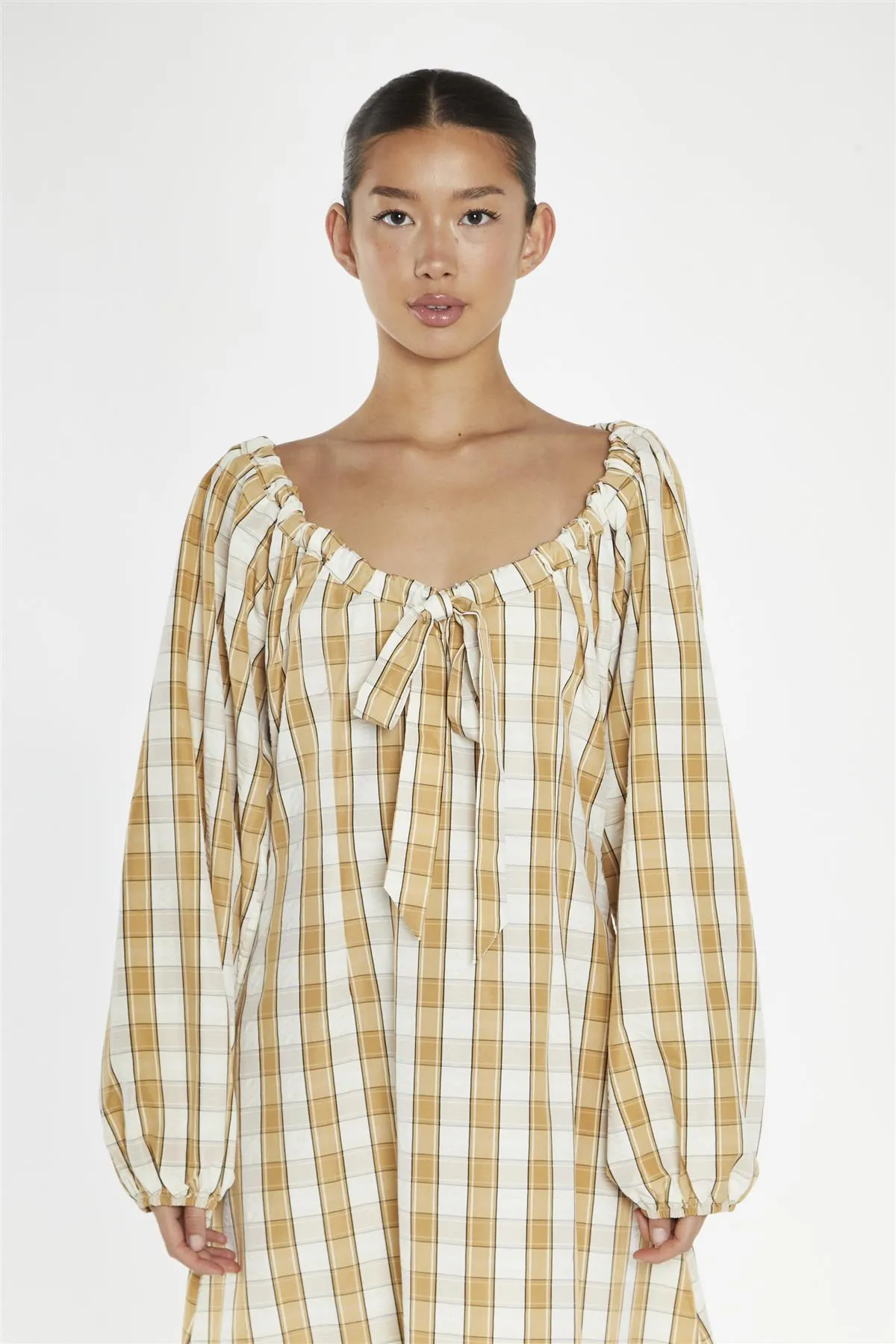 Beige-Cream Check Gathered Tie-Neck Midi-Dress