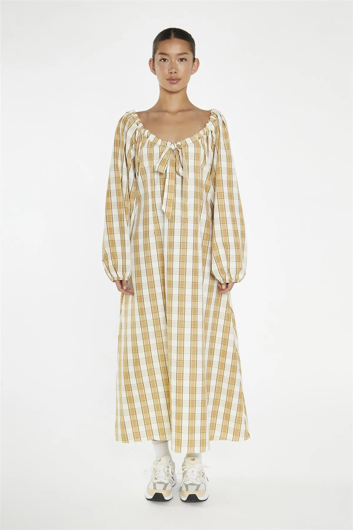 Beige-Cream Check Gathered Tie-Neck Midi-Dress
