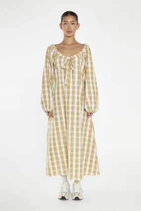 Beige-Cream Check Gathered Tie-Neck Midi-Dress