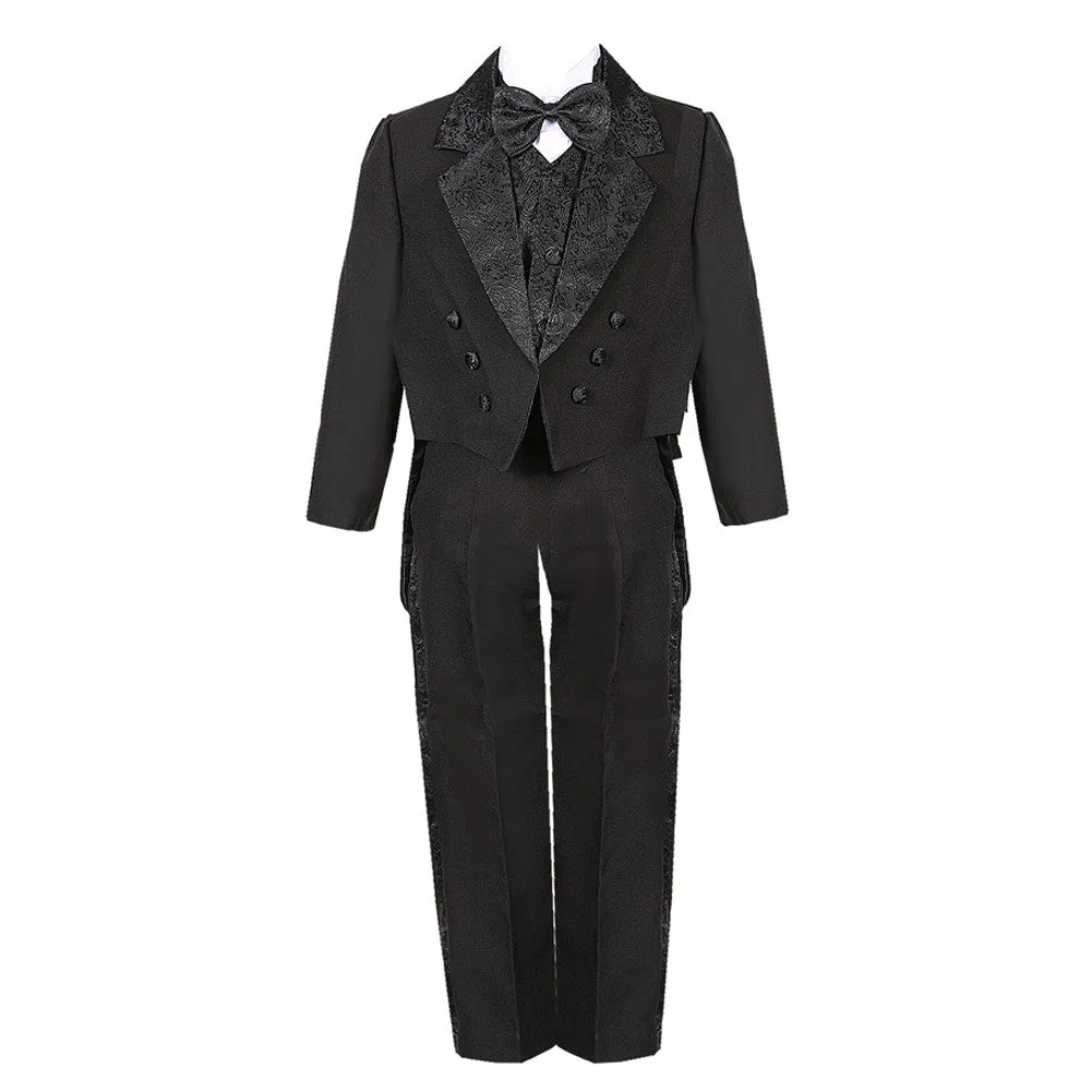 Big Boys Black 5 Piece Vest Pants Tail Jacket Jacquard Tuxedo Suit 8-14