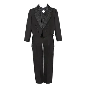 Big Boys Black 5 Piece Vest Pants Tail Jacket Jacquard Tuxedo Suit 8-14
