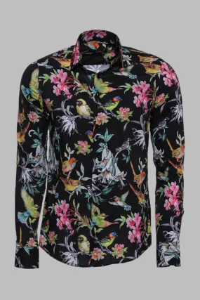 Birds And Flowers Patterned Slim Fit Long Sleeves Black Men Shirt - Wessi