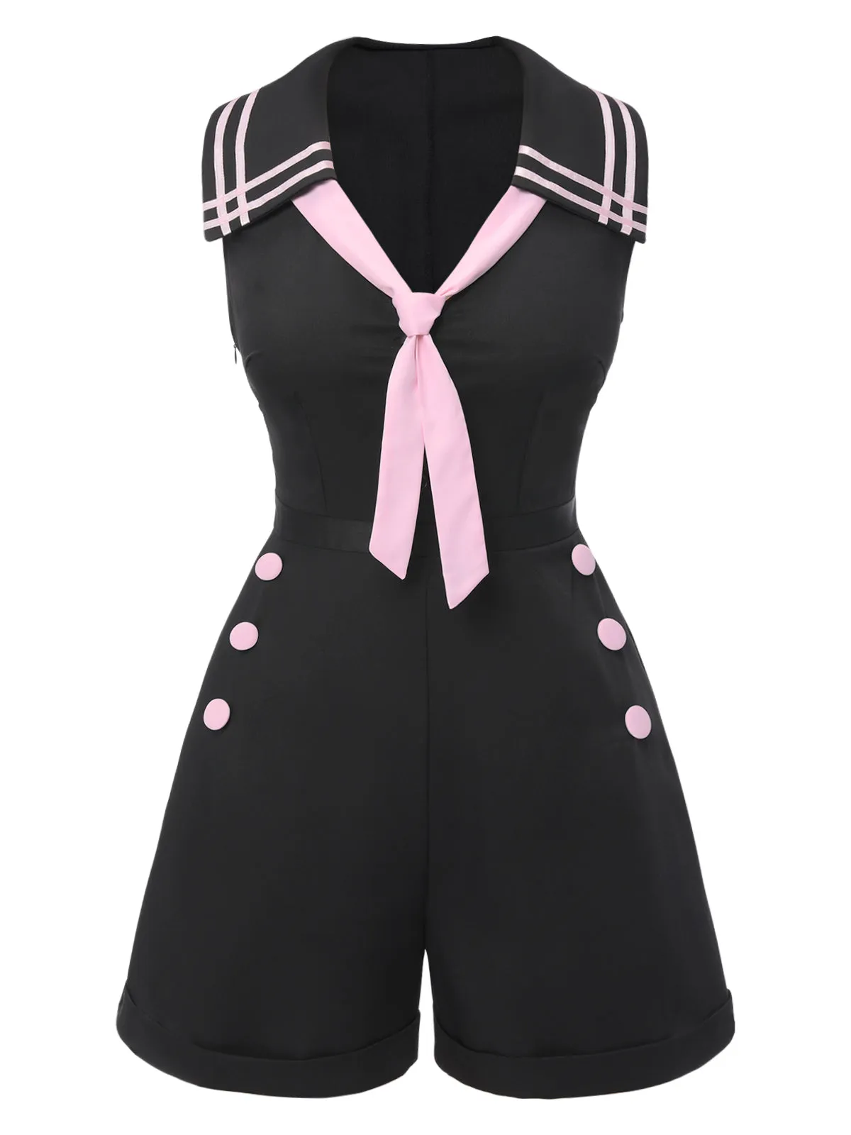 Black & Pink 1950s Solid Tie Lapel Romper