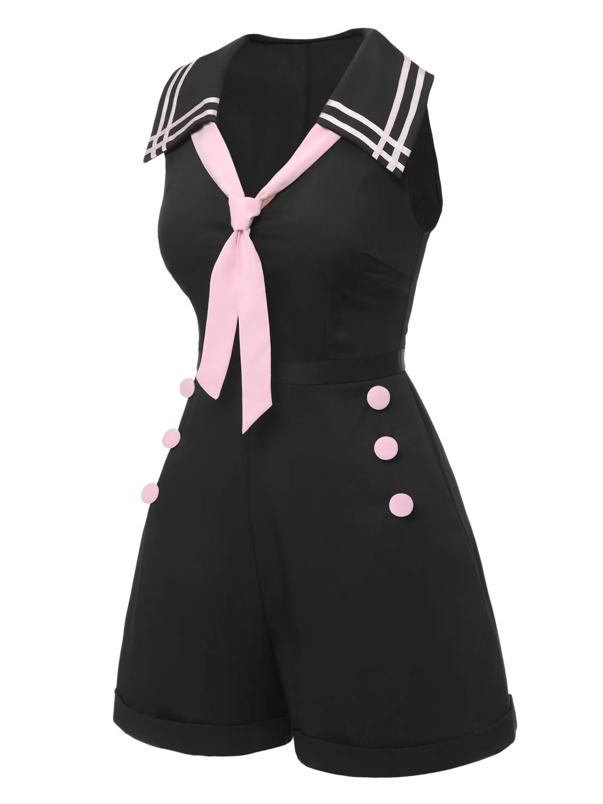 Black & Pink 1950s Solid Tie Lapel Romper