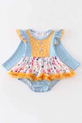 Blue floral print ruffle baby romper