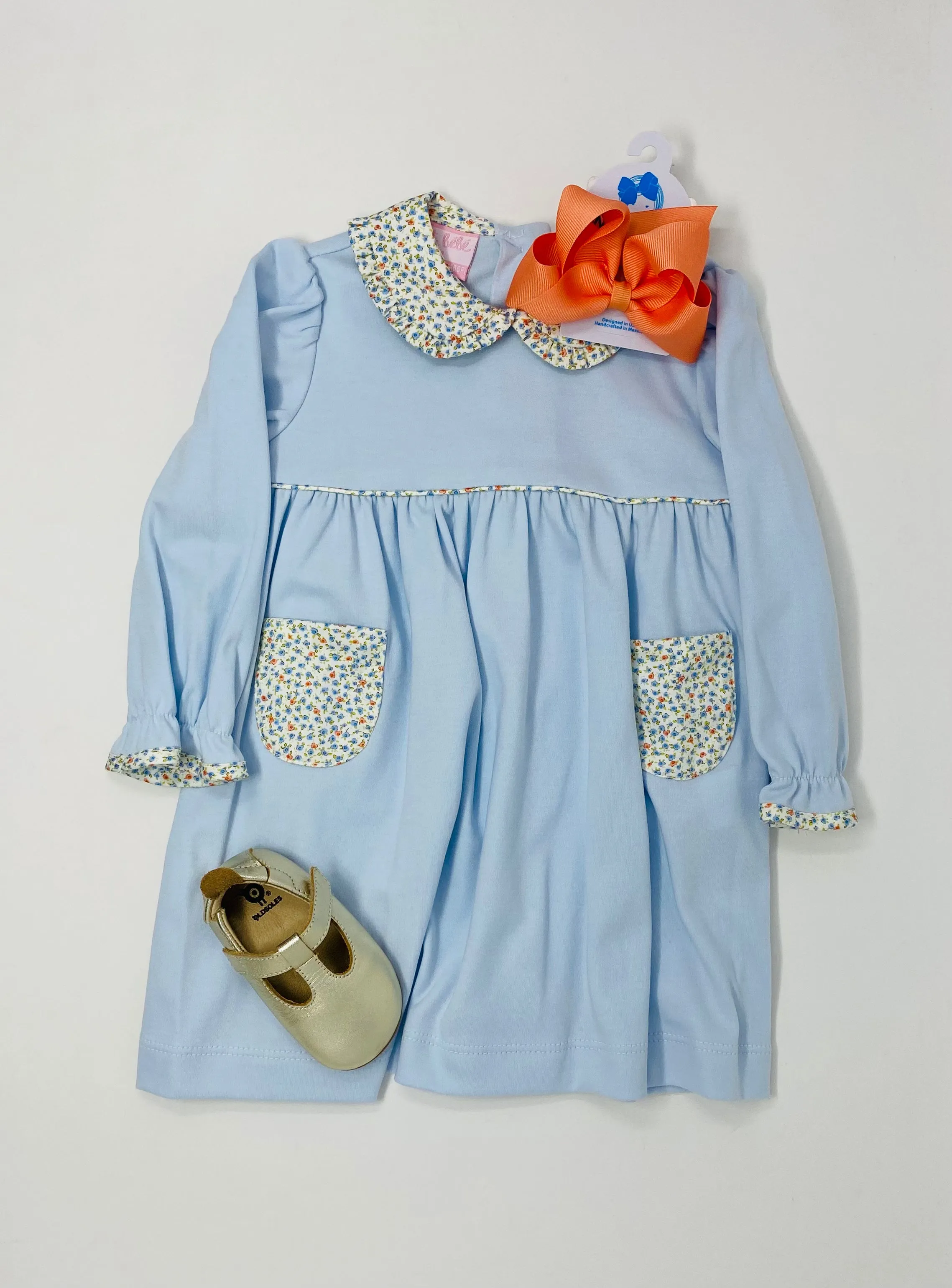 Blue Knit Dress w/ Blue and Orange Floral Accents