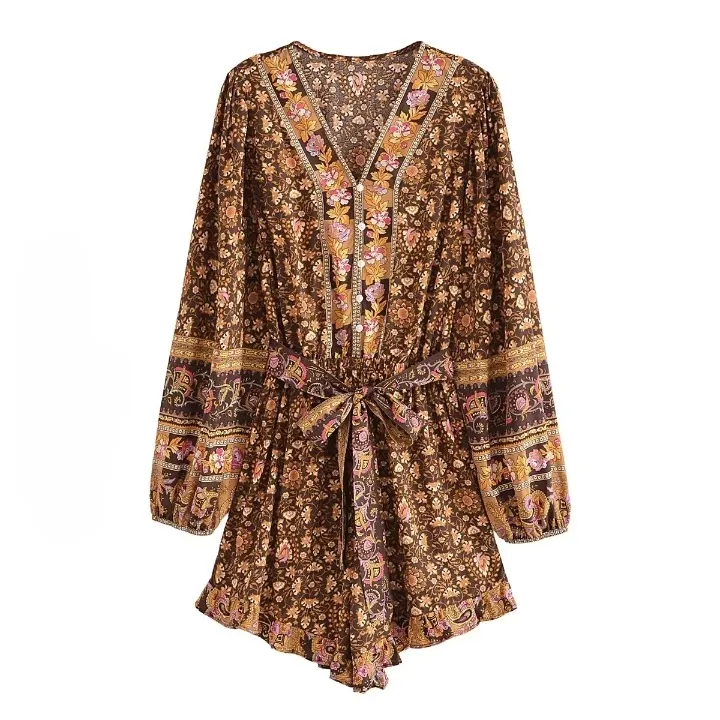 Bodil Bohemian Vintage Brown Floral Romper