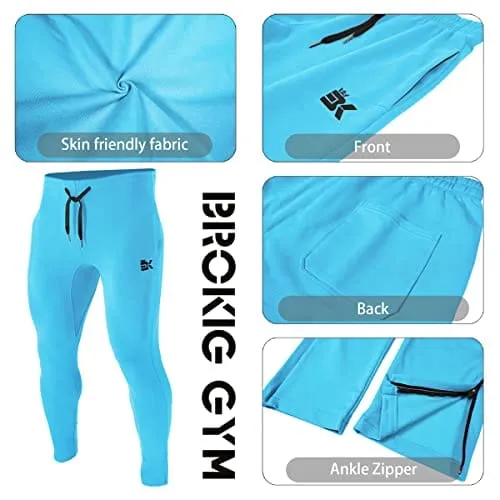 BROKIG Mens Zip Joggers Pants - Casual Gym Workout Track Pants Comfortable Slim Fit Tapered Sweatpants with Pockets (Small, Light Blue)