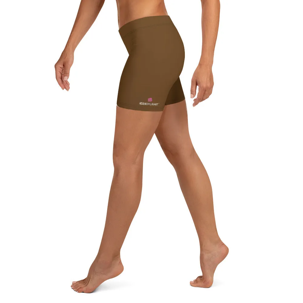 Brown Solid Color Women's Shorts, Earth Brown Designer Gym Tights For Ladies-Made in USA/EU
