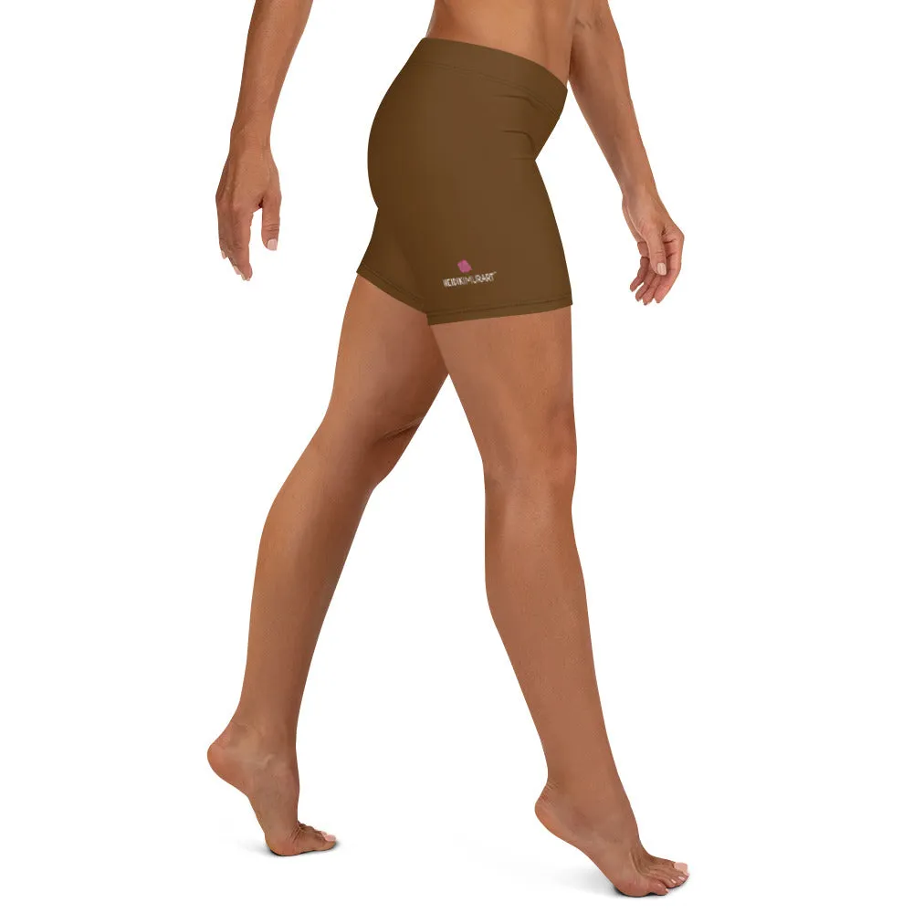 Brown Solid Color Women's Shorts, Earth Brown Designer Gym Tights For Ladies-Made in USA/EU