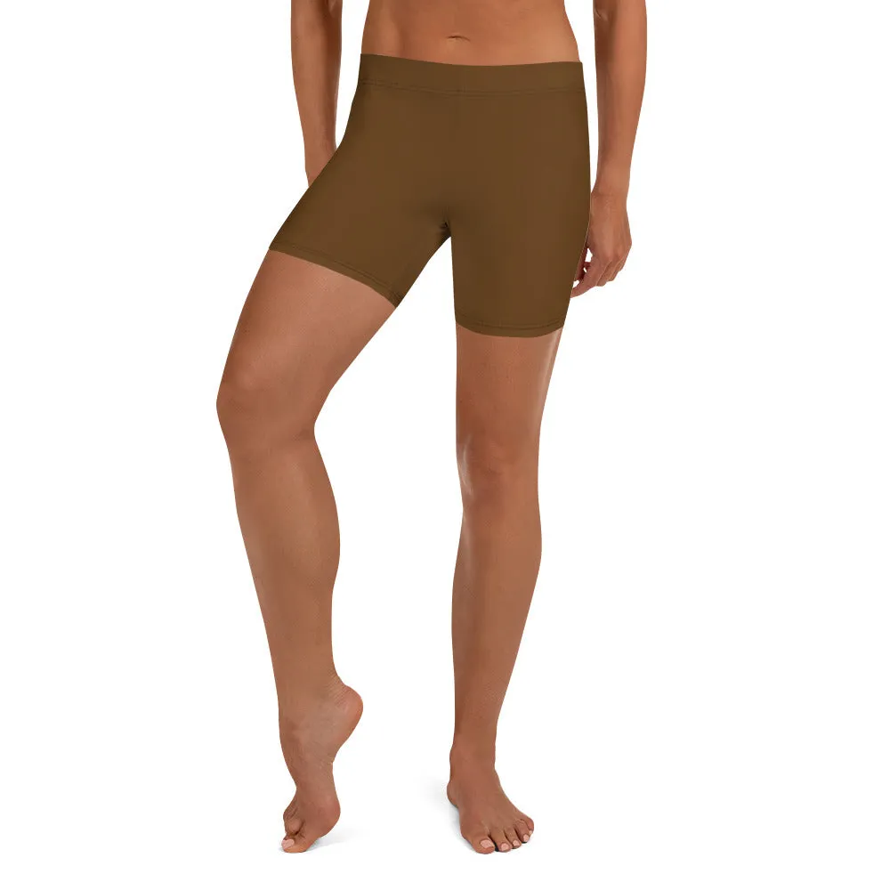 Brown Solid Color Women's Shorts, Earth Brown Designer Gym Tights For Ladies-Made in USA/EU