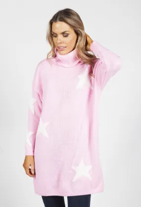 Candy Pink Knit Tunic with White Star Design