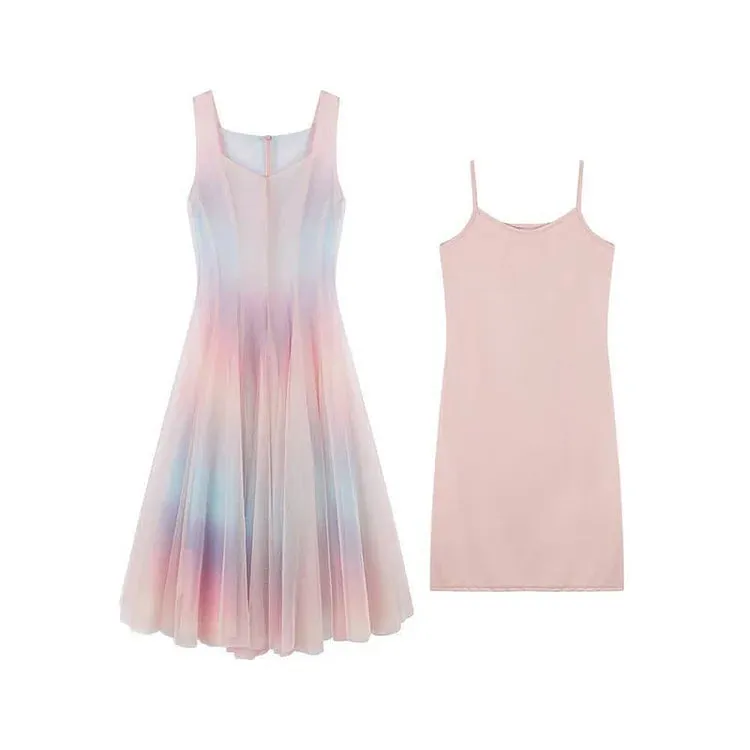 Chic A-line Elegance: Rainbow Slip Dress Ensemble