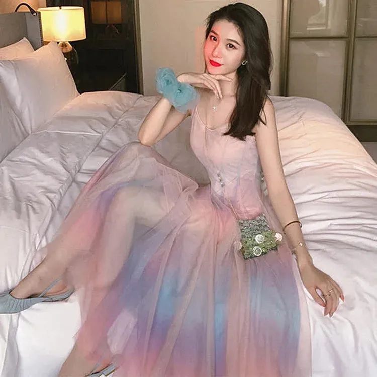 Chic A-line Elegance: Rainbow Slip Dress Ensemble