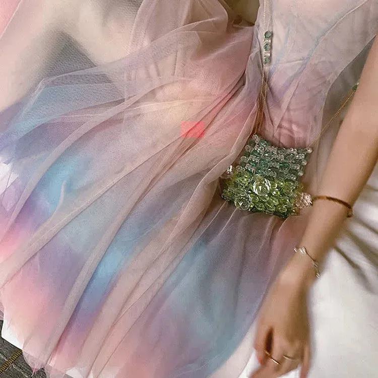 Chic A-line Elegance: Rainbow Slip Dress Ensemble