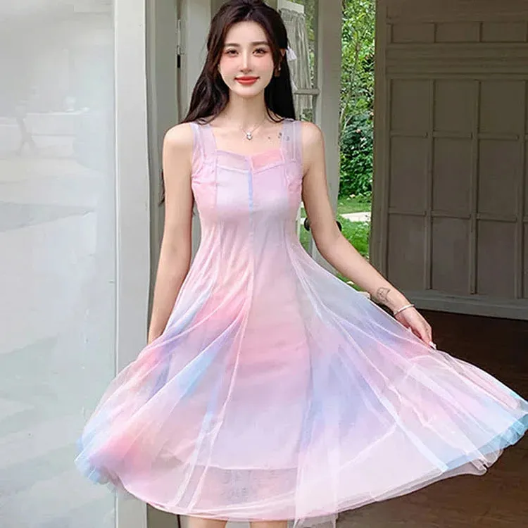 Chic A-line Elegance: Rainbow Slip Dress Ensemble