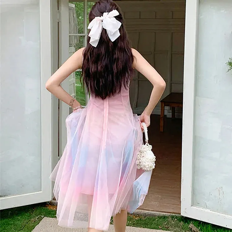 Chic A-line Elegance: Rainbow Slip Dress Ensemble