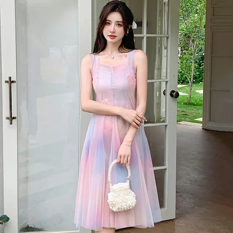 Chic A-line Elegance: Rainbow Slip Dress Ensemble