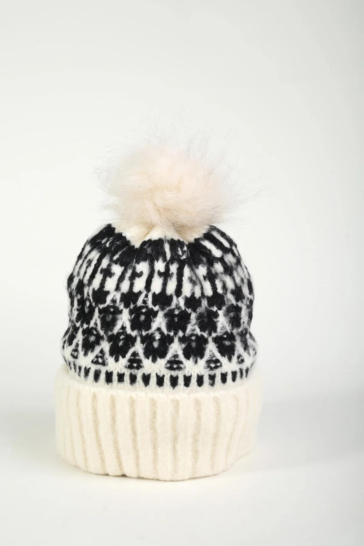 Cream Fairisle Knit Beanie Hat