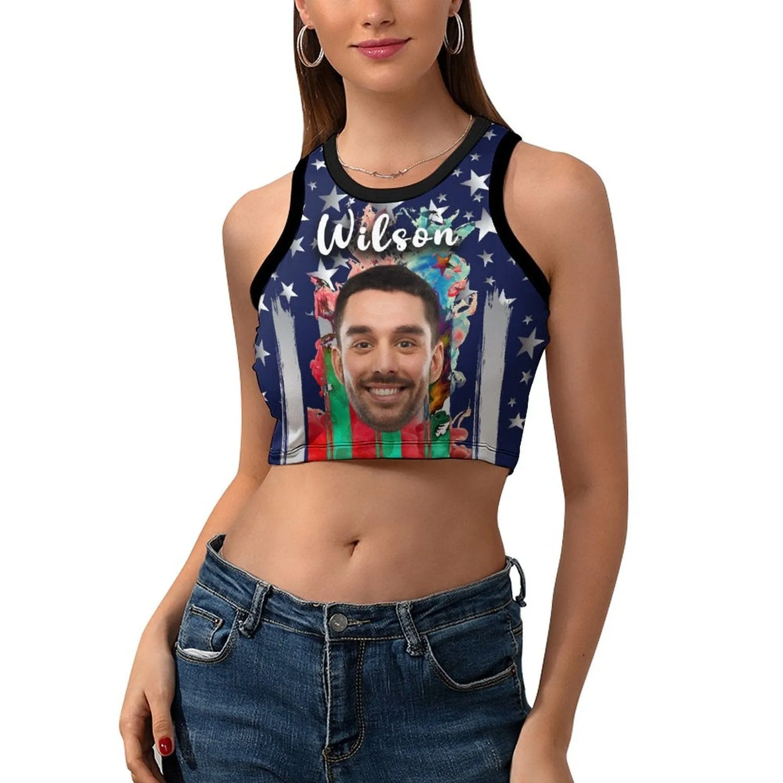 Custom Name&Face Colorful Flag Tops Women's High Neck Crop Top Swimsuits Bustier for Independence Day