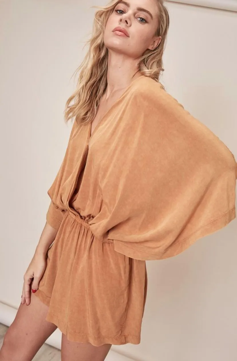Dana Mustard Tie-Dye Dolman Sleeve Surplice Romper